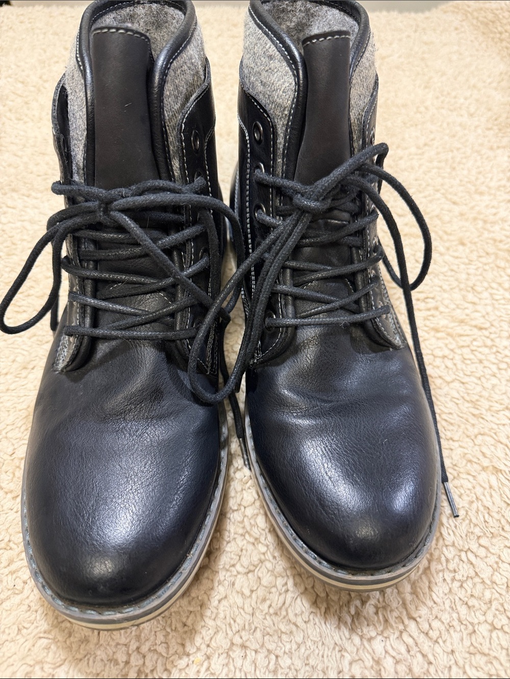 Men's Black Leather Lace-Up Boots with Gray Fabric Collar